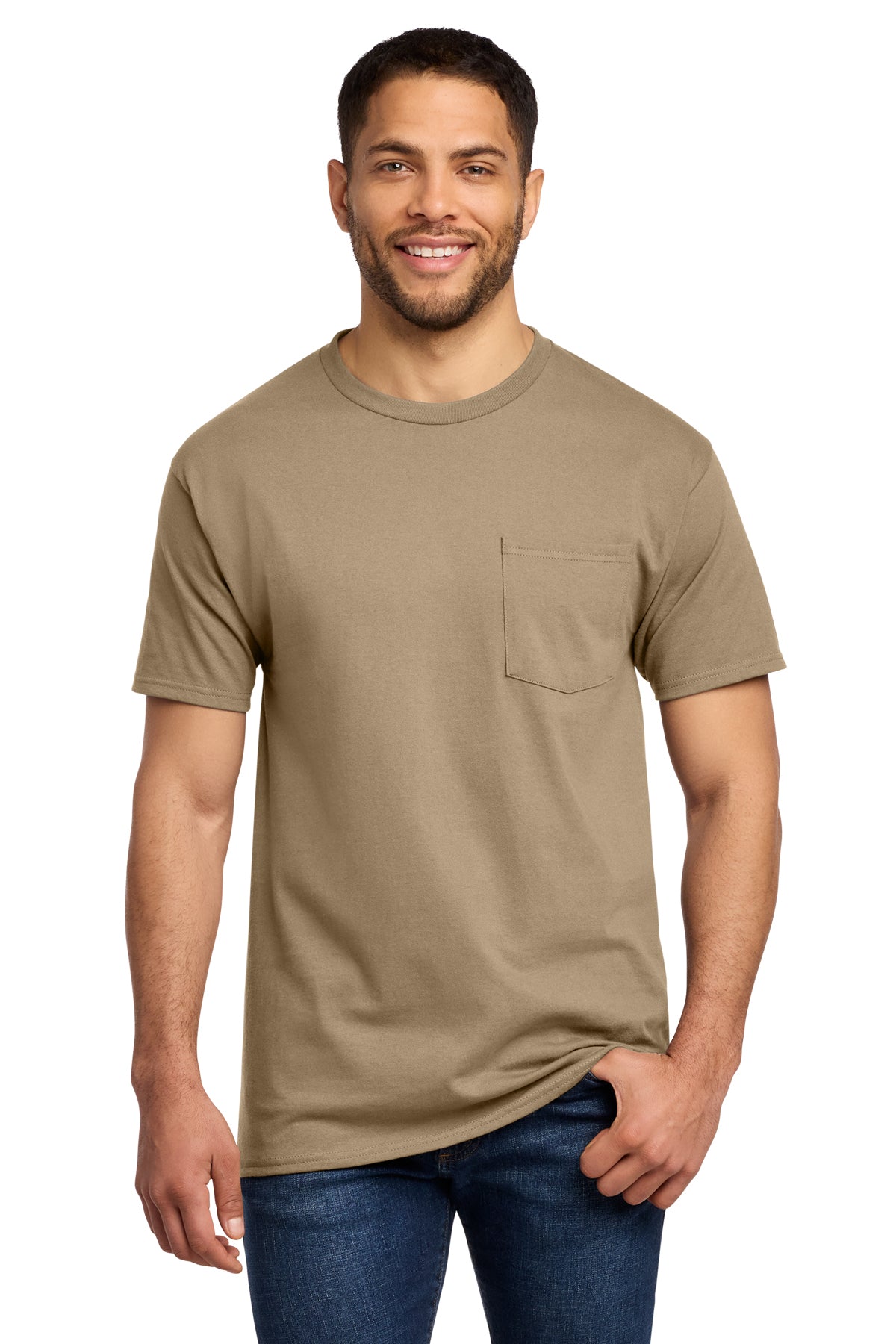 Port & Co PC61P Essential Pocket Tee in Sand — front view
