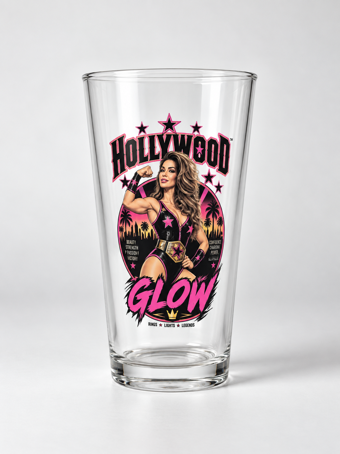 Clear pint glass with a colorful Hollywood Glow graphic