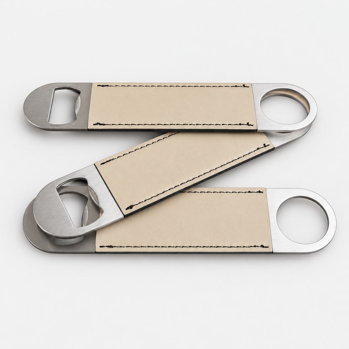 Sand leatherette bottle openers before custom UV printing, light gray background